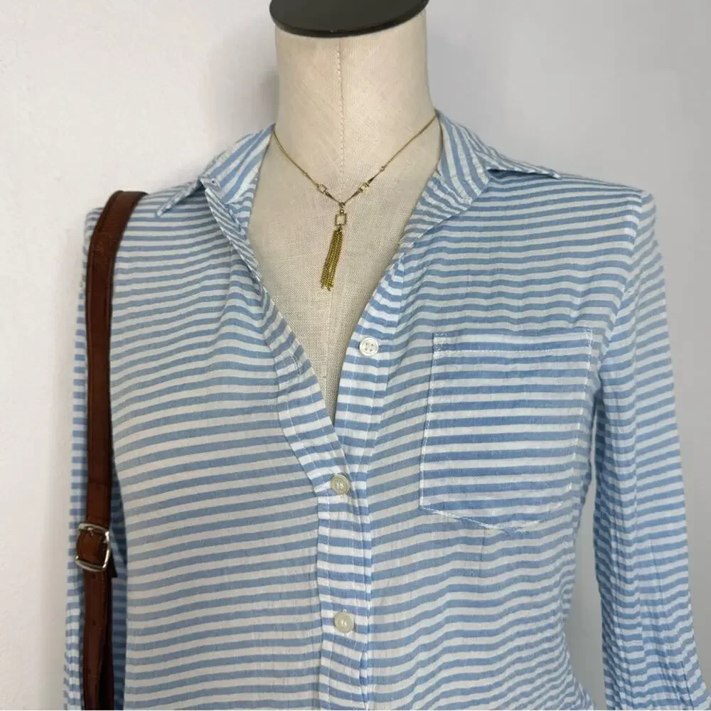 J.Crew Coastal Striped Cotton Popover – Blue White Seersucker Preppy Shirt XXS